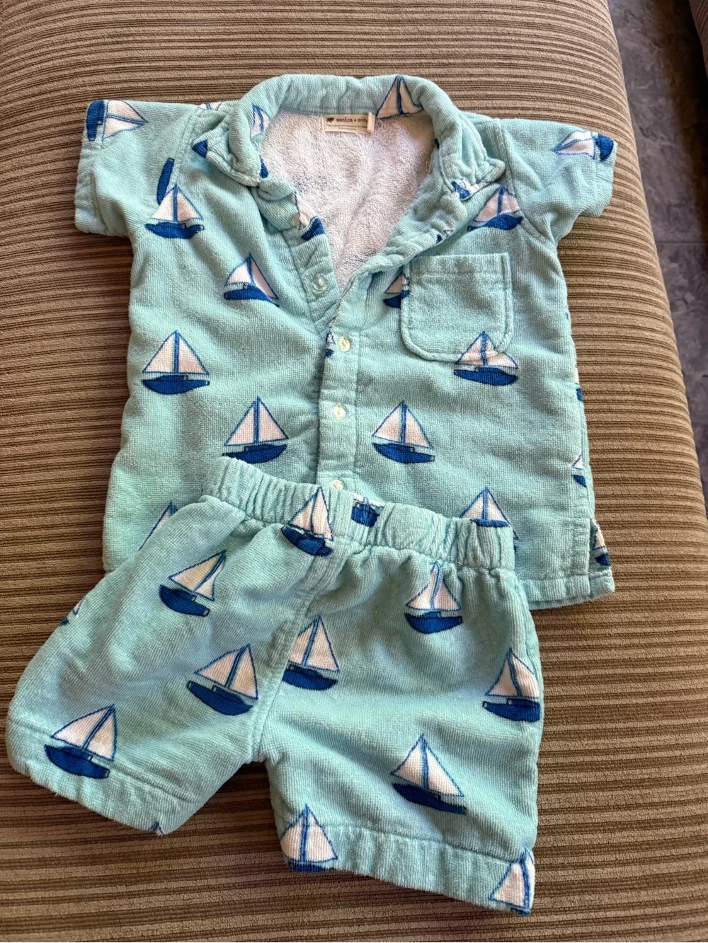 Monica & Andy Kids Sailboat Terry Matching Set - Light Aqua 4T